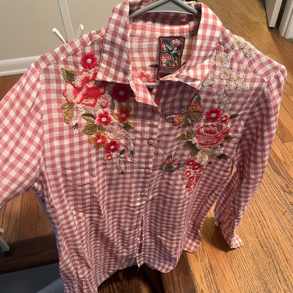 Johnny Was Embroidered Checkered Shirt with Floral Design